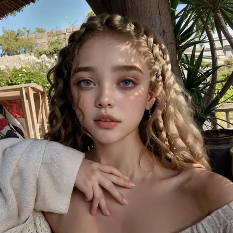 Mujer arafed con cabello rizado y un top blanco posando para una foto., sydney sweeney, pale skin curly blonde hair, corte de pelo rizado en la parte media, julia garner, trenzas rubias y ojos azules, she parece una mezcla de mugre, parece una mezcla de mu...