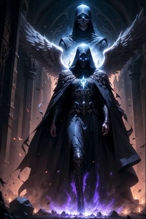 Striking illustration of the Angel of Death., A mysterious and ethereal figure who guards the threshold between life and death.. His presence is enigmatic and powerful...., con alas inmensas que se extienden hacia el horizonte y una mirada penetrante que t...