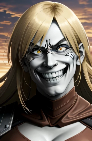 anime image of a woman with a smile on her face, ahegao face, as the colossal titan, from attack on titan, colossal titan, wide grin, screenshot from a 2012s anime, uncanny smile, ken kaneki, grinning sinisterly, grinning, evil grin, unsettling grin, insan...