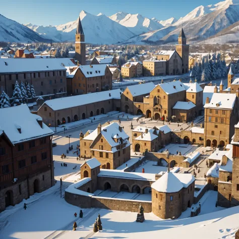 (masterpiece, best quality), best resolution, medieval town square in winter