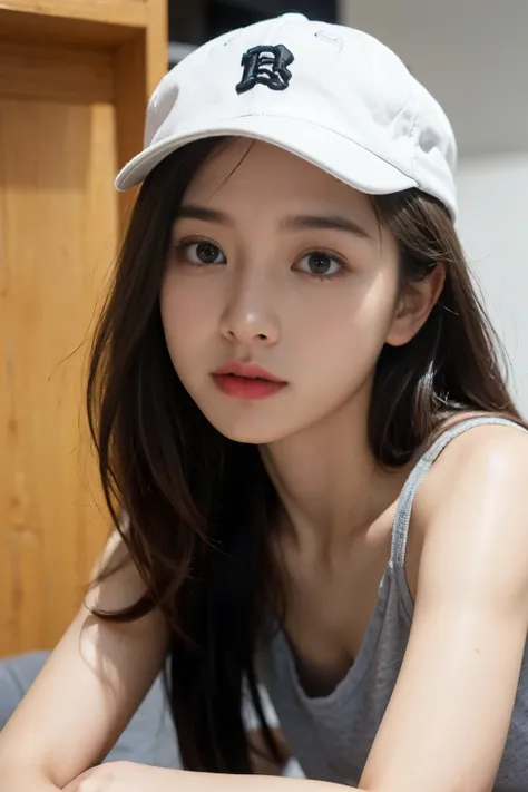 ((Show only the face、close up of face))、(tanktop wear、lie down on the chair、indoor、baseball hat、(bright room)、cute japanese woman、17 years old、high school girl、young girl、warm, beautiful detailed eyes double eyelid, translucent skin, detail perfect nose, t...