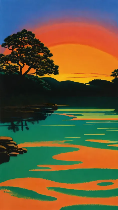 painting of a sunset over a body of water with a tree, a fine art painting inspired by Hasui Kawase, tumblr, ukiyo-e, vaporwave sunset, hasui kwase, beeple and james jean, beeple and tim hildebrandt, red sun over paradise, sunset glow, korean artist, detai...