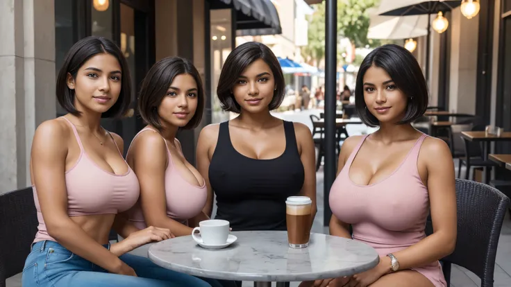 Isabel Merced, 18 yo, three girls, bob_cut hair, smiling, sitting outside Cafe drinking coffee, black pants, pink tight top, (skin texture:1.1), (high detail face:1.1), full bodyshot, high detail body, high detail clothes, (big breasts:1.3),(masterpiece), ...