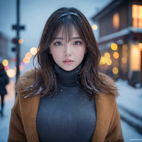 (table top、highest quality、8k、Award-winning work、ultra high resolution)、one beautiful woman、(Wearing an elegant thick large fur coat and turtleneck knit:1.3)、Exactly、brown hair、(short hair:1.1)、epic movie lighting、(romantic love feeling:1.1)、(The most roma...