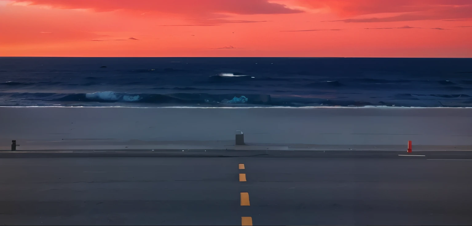 road, next to the sea, red sky, clouds