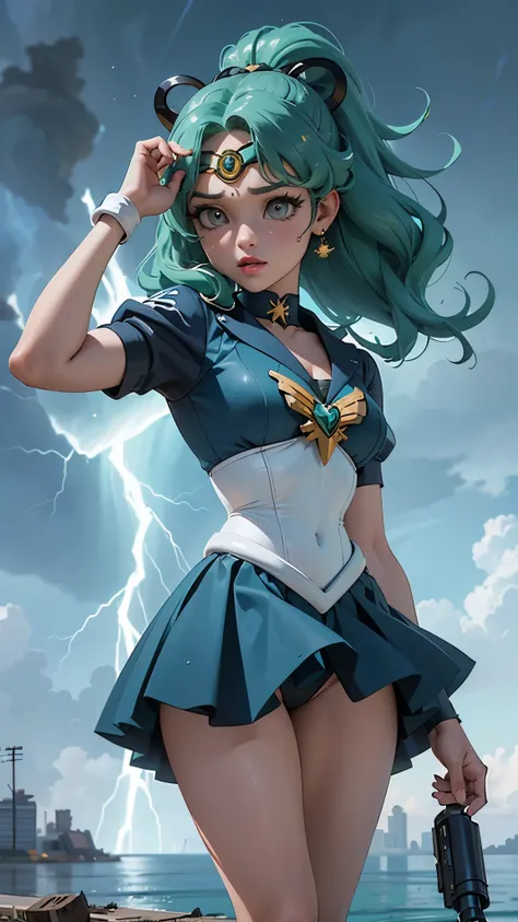 (La mejor calidad,A high resolution,Ultra - detallado,actual),Ariana Grande (Uniformes de marineras senshi:1.4), cabello verde oscuro, cabello mediano, Falda suplicante, (Guantes blancos de codo:1.1),(blue background water thunder lightning rain water drop...