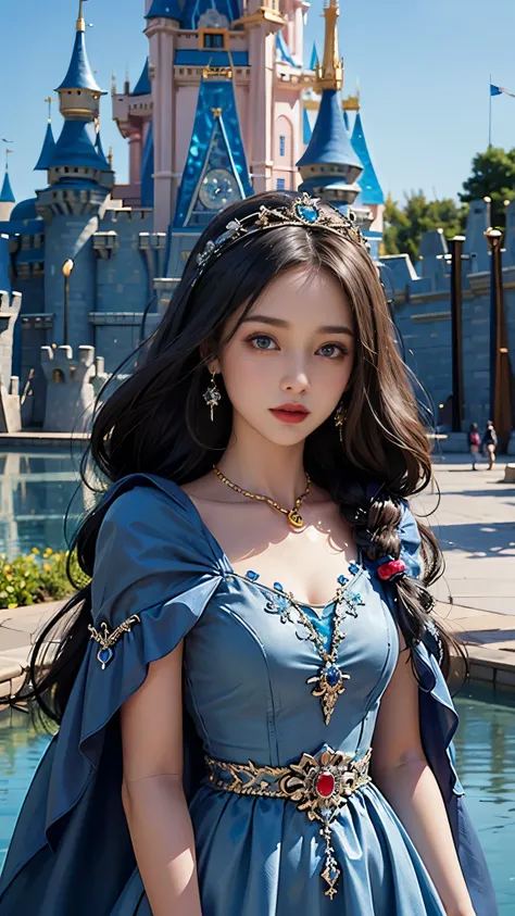  ((best quality)), ((masterpiece)), (detailed), 1 girl, good face, ultra long hair, blue hair, impressive hairstyle, small breasts, (doll dress:1.5), (blue dress:1.5), (jewellery:1.5), (disney castle:1.5), (ice weather:1),