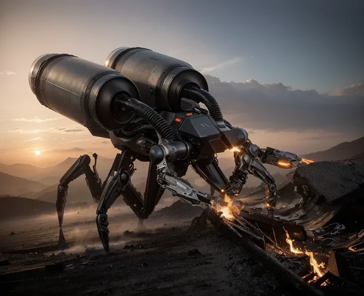 Ultra advanced biomechanical arachnoid robot drone, black and red metal, has cameras, sensors and antennas, has mechanical insectoid legs, in its tail it has metal tanks on its back and in its head two flamethrowers, it is in completely destroyed post apoc...