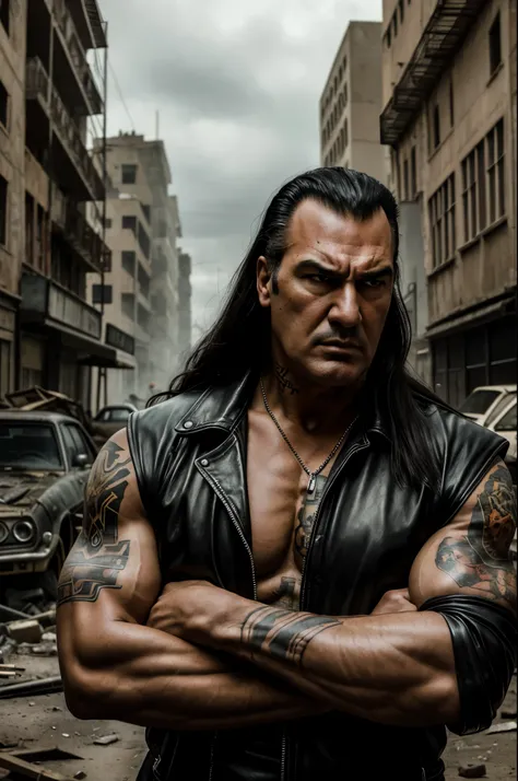 cinematic scene, comics art, mad max world, portrait of a strong man looking like Steven Seagal, tattooed skin, long hair, angry face, leather clothes, crossed arms pose in a street of a ruined city, masterpiece, best image