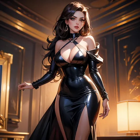 stunningly beautiful woman, a digital painting of a busty woman in a black dress, full body, retro pulp noir comic cover, sexy girl with dark brown hair, in the art style of Artgerm, mafia, marvel comic book characters, award-winning artwork, the smooth bl...