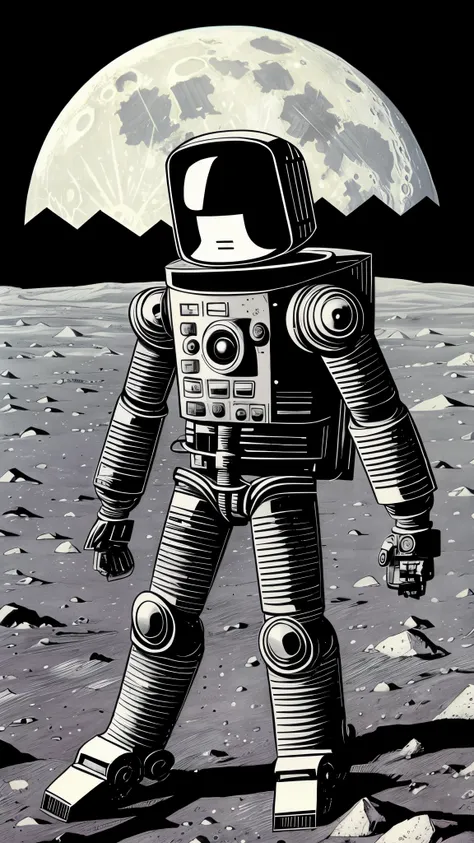 robot on the moon, vintage, cartoon  