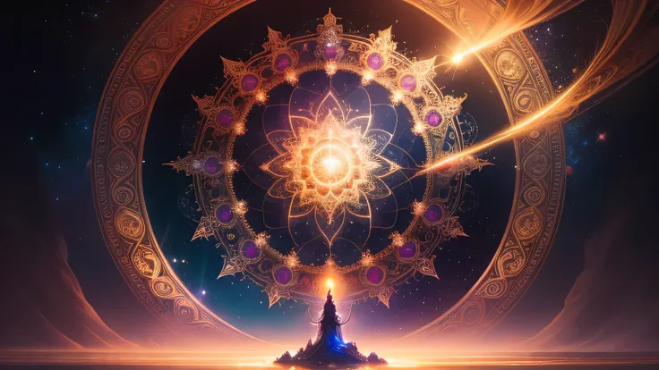 A captivating and enchanting photo realistic of a mystical fantasy-inspired landscape of a palace with intricate mandala patterns and gateway into another dimension. with a strong golden glowing aura, creating a mesmerizing, dazzling effect. A swirling vor...