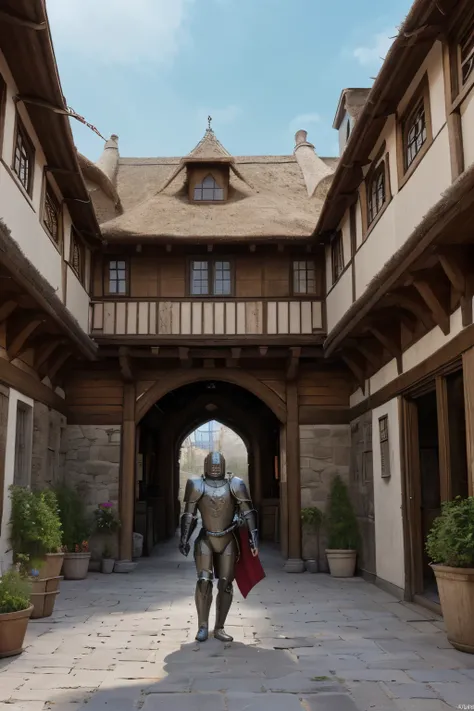 Create an illustration depicting a medieval courtyard with a grand gate guarded by a knight in full body armor. The scene should have an anime-like style and feature warm colors to evoke a vibrant atmosphere.  The courtyard should be bustling with activity...