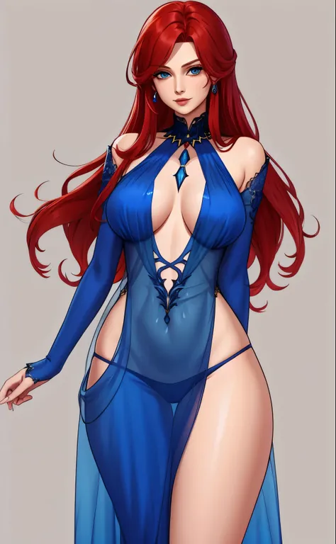 gorgeous red haired sorceress, blue see through dress, legslit, deep v-neck