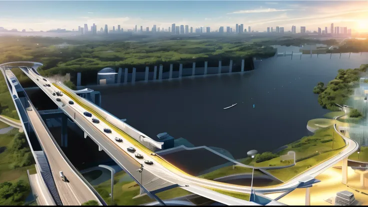 a representation of a bridge over a river with a city in the background, transportation design rendering, por Zha Shibiao, São Paulo in the year 2 0 7 0, conceptual rendering, imagem conceitual, foto ambiental, inspired by Tadao Ando, artistic rendering, 1...