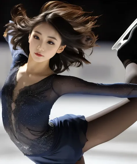 25 year old asian woman, clear makeup, long eyelashes, figure skater, woman with acting skills, alone, capture the final pose at...