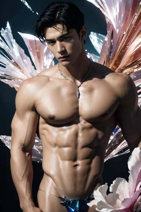 (photorealistic, masterpiece, best quality, highres, highly detailed), a young and handsome man posing nude surrounded by crystal, personification of crystal as a man, 18-year-old man, vibrant colors, realistic lighting, sparkling reflections, radiant and ...