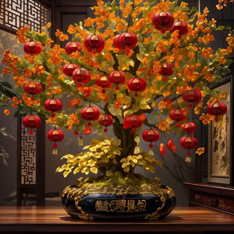 (masterpiece, best quality:1.2), money apple tree，，in a room decorated with chinese new year，red lantern（ （（充满奇幻元素的masterpiece））...