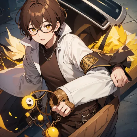 A boy with round glasses with yellow eyes brown hair 