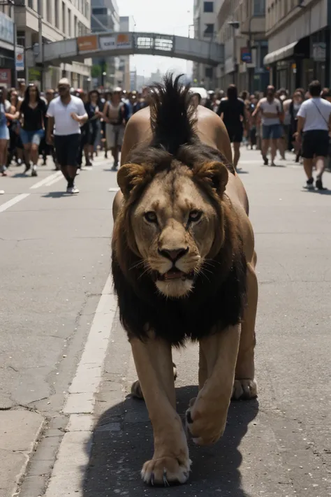 Adult African lion chased by an (((angry crowd))) through the streets of a big city ((Mejor calidad)), ((Obra maestra)), (detallado), cara perfecta