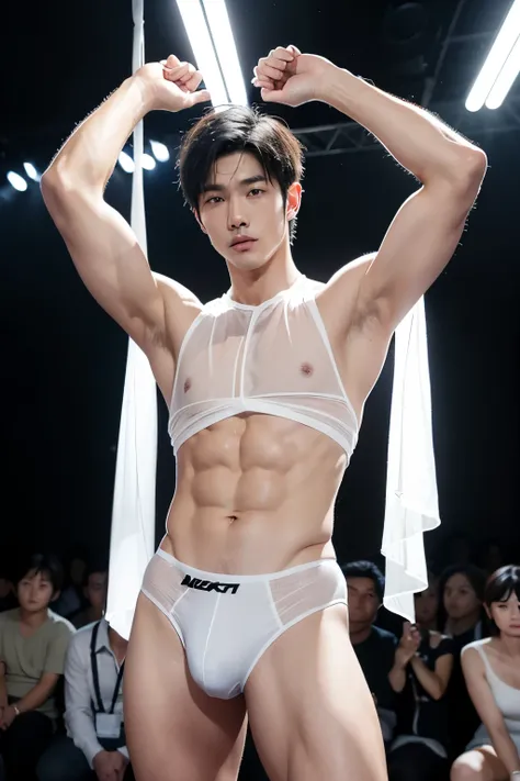 Japanese muscular male model, handsome, cool, perfect body, big muscles, short hair, white skin, wears flowing see-through clothes, wearing see-through thong, big bulge, sexy poses, catwalk, led lights, fashion show, crowded 