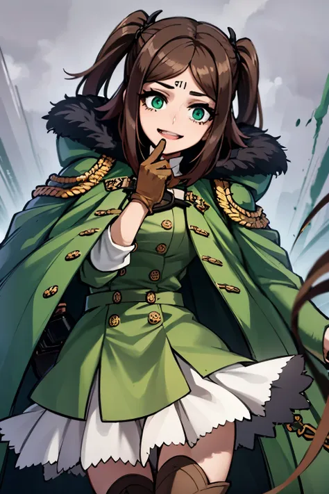 (8k, RAW photo, best quality), ultra-detailed, 1girl, solo, :D, RETRO ANIME STYLE, black and green,fur coat with fur trim, white,skirt, green,knee socks with black pattern, high boots, hand,right hand,iron glove, brown hair,two braids,on the back of the he...