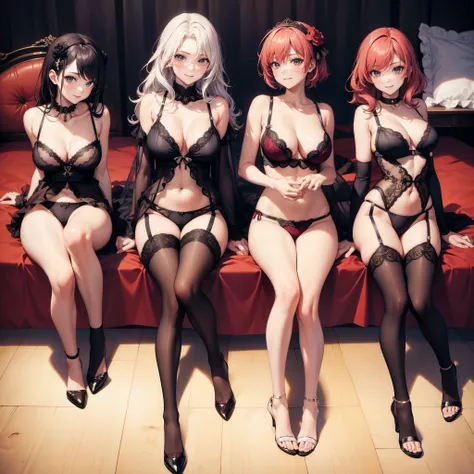 four sexy women looking at camera, flirtatious smiles, on bed, lingerie outfits, portrait