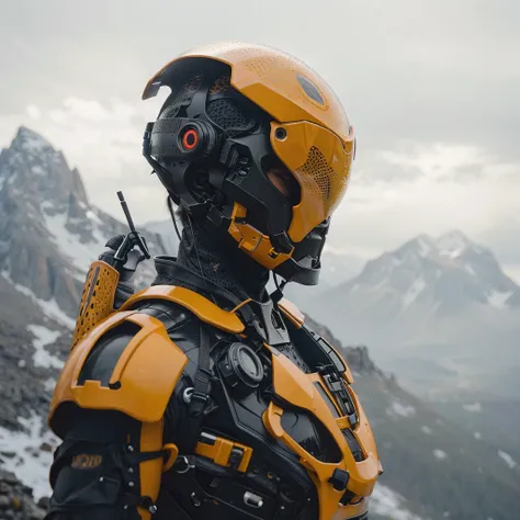 Close-up, Figure in futuristic armor, gazing forward, Misty mountain backdrop, Telephoto, sharp focus, Wide aperture, fast shutter, low ISO, Monopod for stability, windscreen, 4K resolution, high fidelity, ND grad for sky balance, red highlight boost, Natu...