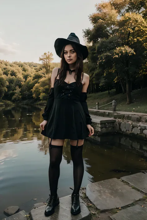 Girl 25 years old, Dressed as a witch, Short dress, stockings, It has, I&#39;m standing on an old stone bridge