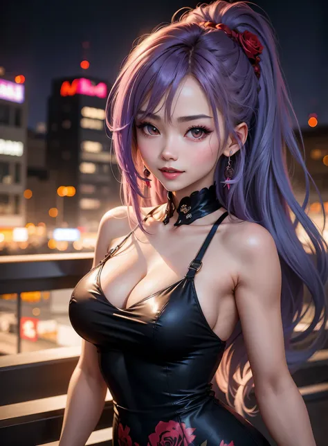 sfw, Cute One Girl, (Very small breasts:1.2), Longhaire, Gradient Hair Purple, the whole, japanes, Sauvage Hair, An ultra-high picture quality, ultra-quality,Raking up your hair with your , Happy smile, Beautiful night view, (Black red rose pattern dress),...