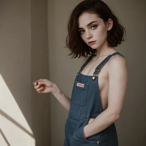 Sophia Lillis, adult, muscular, goth makeup, pale skin, long wavy hair, naked, overalls, 