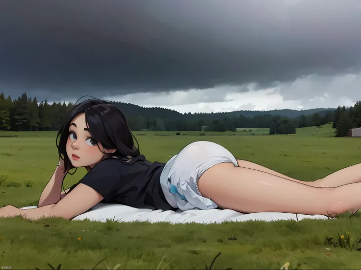 masterpiece, artstation, sexy girl laying in a windy stormy rainy field wearing a diaper, dark sky