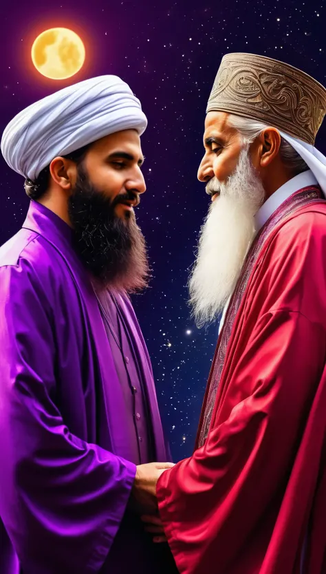 Highly detailed illustration of a Mevlana and a Rumi looking at each other. Excellently detailed Rumi. Perfectly detailed Rumi. Sacred solar eclipse. Beautifully detailed faceevlana in red robe)), ((Rumi in purple robe)), drawn by Mschiffer, best resolutio...