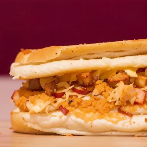 There is a sandwich with meat and cheese on a table, chicken sandwich, one sandwich with fried tofu, 🌪, sandwich with fried tofu,  hybrid, hot granny detailed, panini, desleixado, fast food review, sino de taco, pizza a cabana, queijo derretido, fan favori...