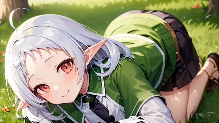 a cute character with a shy smile named Sylphie with elf-like ears and white tomboyish hair, the eyes are red colored with black pupils. Her forehead is visible and detailed with a signal. The character is wearing a white long-sleeve shirt and a brown skir...