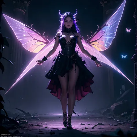 Sanctuary, Temple, Devil fairy(female), dark magic, Devil soul, Jinn, Demon, divine, clean skin, particles of lighting, multi color lighting fairy wings, transparent glass, neon multi color hair, glowing eyes, full makeup, swirling energy, depth of filed, ...