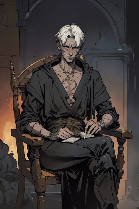 masterpiece:1.2, best quality, ultra detailed, male_focused, young, serious, cold, style of Kentaro Miura, fantasy, SCI-FI, light background, a painting of a man in a black robe sitting on a chair, inspired by Edmund Blampied, inspired by Nicola Samori, in...