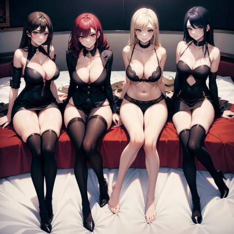 four sexy women looking at camera, flirtatious smiles, on bed, casino outfits, portrait