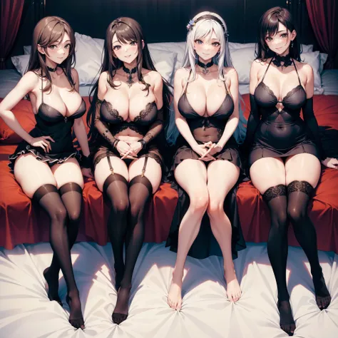 four sexy mothers looking at camera, flirtatious smiles, on bed, portrait