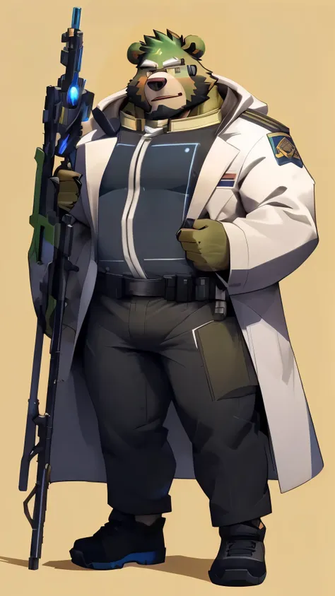 a furry bear, green fur, muscular build, (((long white coat, black inner protective suit, gray pants, military shoes))), magic s...