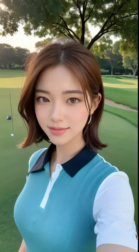 ((sunny golf course, realistic light, highest quality, 8k, masterpiece: 1.3)), 1 girl, slim beauty: 1.4, abs: 1.1, (brown hair, medium breasts: 1.3), black golf wear: 1.1, "chip in" Logo print on clothing part, Golf course, super beautiful face, delicate e...