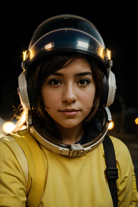 foto frontal de chica guapa con casco de astronauta con fondo iluminado de luces de colores
