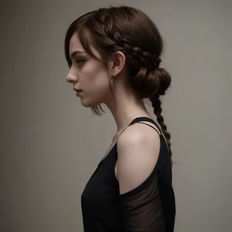 Sophia Lillis, adult, muscular body, goth makeup, pale skin, long braided hair, tight dress, seen from the side, revealing her body