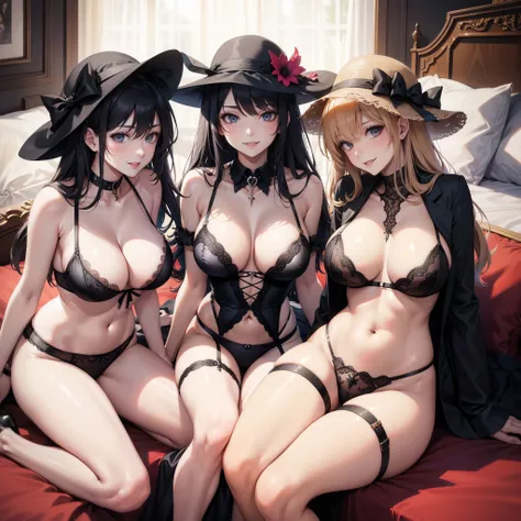 three sexy women looking at camera, flirtatious smiles, on bed, sunglasses, sunhats and goth lingerie outfits, portrait