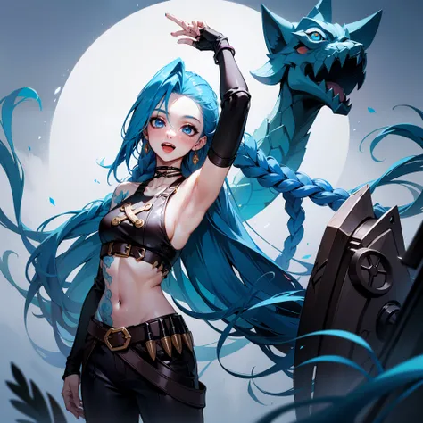 jinx (league of legends), 1girl,Pixar style, solo, braid, twin braids, long hair, Surprised Eyes,tattoo, piercing, belt, jewelry, earrings, (Eyes wide open:0.9),looking at viewer, arm tattoo, (Background of medieval castles:1.1), blue hair, blush, smile, v...