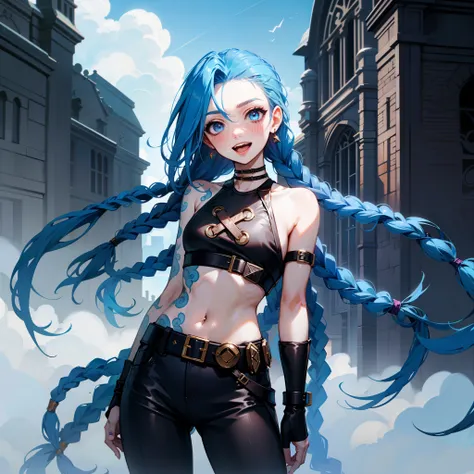 jinx (league of legends), 1girl,Pixar style, solo, braid, twin braids, long hair, Surprised Eyes,tattoo, piercing, belt, jewelry, earrings, (Eyes wide open:0.9),looking at viewer, arm tattoo, (Background of medieval castles:1.1), blue hair, blush, smile, v...