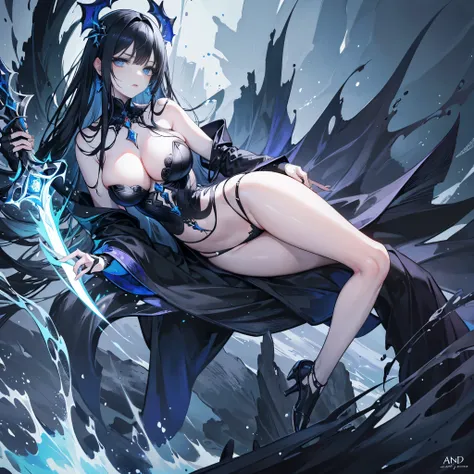 (best quality,ultra-detailed,realistic:1.37),dark fantasy,woman with striking blue eyes,flowing raven-black hair,full lips,aroused expression,perched gracefully upon an ornate obsidian throne,ominous stormy ocean stretches infinitely in the background,scan...