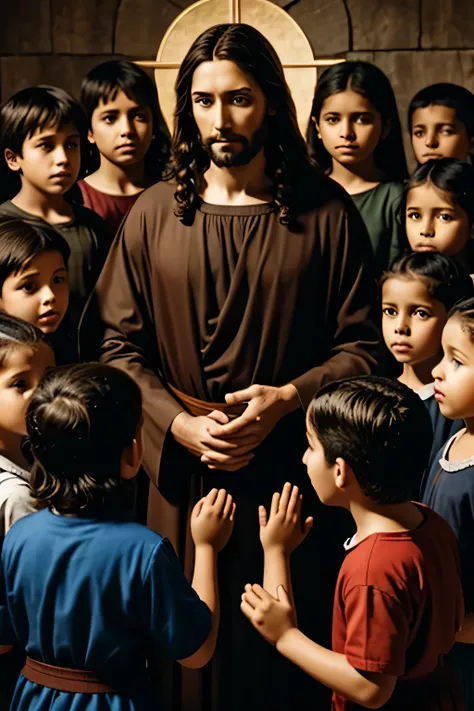 Jesus Christ surrounded by children.