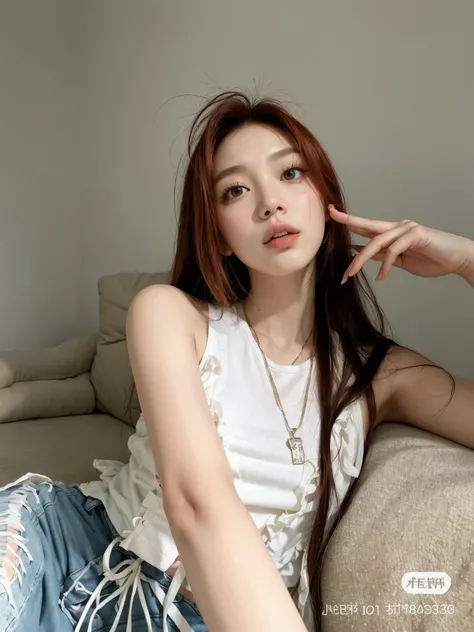 there is a red-haired woman sitting on a sofa with a necklace, Linda jovem coreana, linda mulher sul-coreana, Ulzzang, Heonhwa Choe, Jinyoung Shin, jossi do blackpink, portrait of jossi do blackpink, Linda jovem coreana, com cabelo comprido, with natural l...