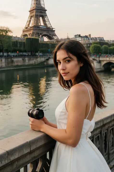 Female photographer, standing by the Seine River, capturing the moment as the sun sets, Eiffel Tower in the frame bathed in soft golden light, lights illuminating its intricate structure, reflections dancing on the water, realistically rendered image, 8k s...